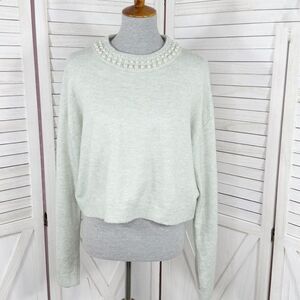 H&M Faux Pearl Beaded Neck Crop Sweater Mint Green Medium Long Sleeve